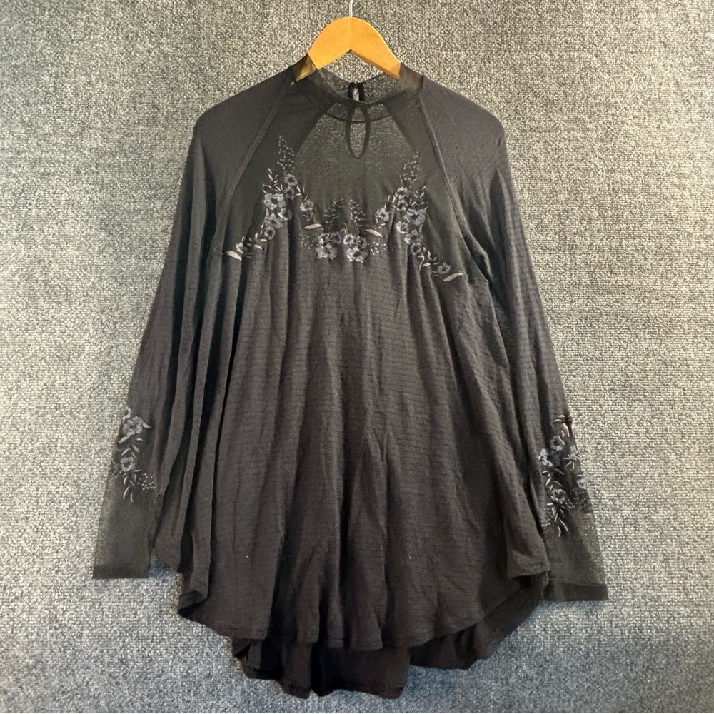 Free People Black Saheli Mesh Detail Top